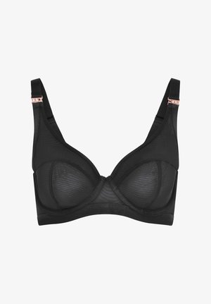 Schwarzer Unterwired-BH aus strukturiertem Mesh-Gewebe. Verfügt über gepolsterte Cups und verstellbare Träger mit roségoldenen Hardware-Akzenten.