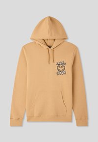 Felpa con cappuccio color sabbia, dotata di tasca a canguro frontale, cappuccio con cordini e un design stampato. Presenta testi neri e accenti grafici sul petto.