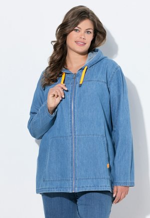 Light blue denim jacket with a hood, front pockets, and yellow drawstrings. Features a zip closure and casual, relaxed fit.
