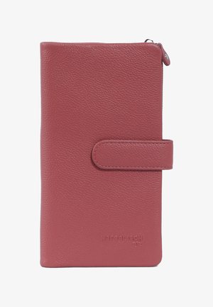 Zip-around wallet in textured pink leather, featuring a magnetic closure strap and embossed logo on the front. Compact rectangular shape.