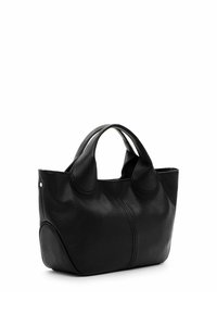 Zwarte leren handtas met een gestructureerde afwerking, ronde handvatten en een unieke, gebogen silhouet, met zichtbare stiknaad en metalen accenten.