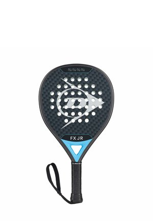 Black and blue Dunlop FX JR padel racket with circular perforations and wrist strap on handle.