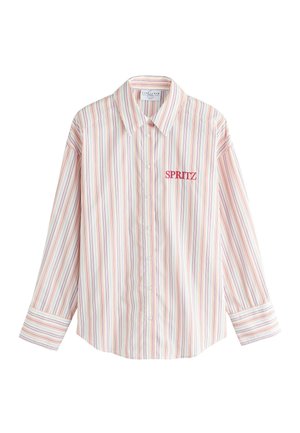 Cămașă cu mânecă lungă, cu nasturi, cu dungi verticale în culori pastel și cu inscripția "SPRITZ" brodată cu roșu pe pieptul stâng.