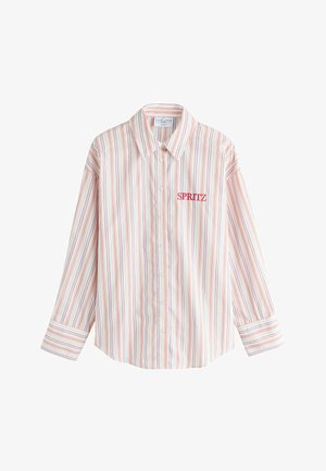 Long-sleeve button-up shirt with pastel vertical stripes and "SPRITZ" embroidered in red on the left chest.