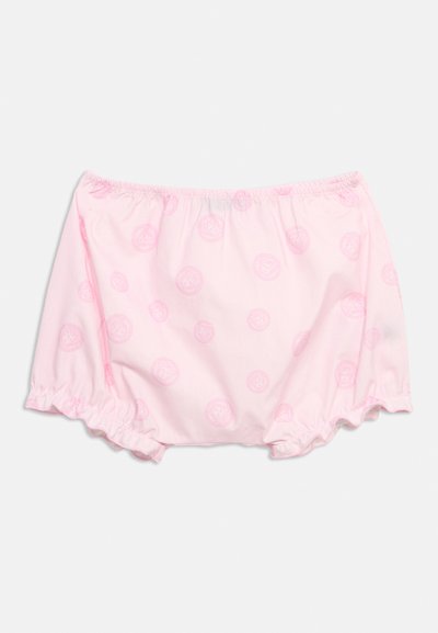 Mutandine rosa chiaro per neonati con elastico in vita e sulle aperture delle gambe, decorate con un delicato motivo a cerchi rosa scuro.