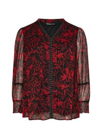 Durchsichtige schwarze Bluse mit rotem Blumenmuster, V-Ausschnitt, Knopfblende mit metallischen Nieten und langen Ärmeln mit gerafften Manschetten.