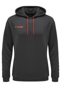 Sweatshirt à capuche gris en tissu texturé. Présente des cordons de serrage orange, des panneaux latéraux et un logo sur la poitrine. Manches longues.