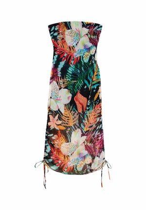 Vestido midi sin tirantes con un vibrante estampado de flores y hojas tropicales en naranja, verde, rosa y blanco, con lazos laterales ajustables en el dobladillo.