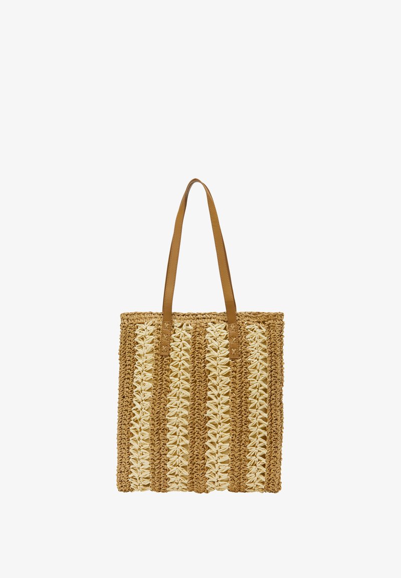 Vævet stråtask med skiftende brune og creme striber, to læderhåndtag og rektangulær form. Glat overflade hele vejen igennem.