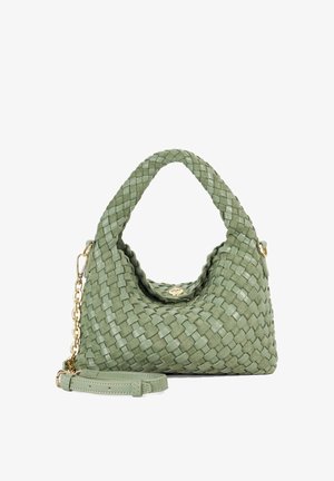 Borsa a tracolla in pelle intrecciata verde con design strutturato, dettaglio in metallo dorato e tracolla removibile per versatilità.