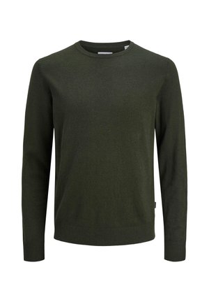 Maglione verde scuro a maniche lunghe con scollo a girocollo e bordo a coste su polsini e orlo, mostrato su sfondo bianco.