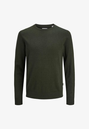 Pull en tricot vert foncé à manches longues avec col rond, poignets et ourlet côtelés, présenté sur fond blanc.