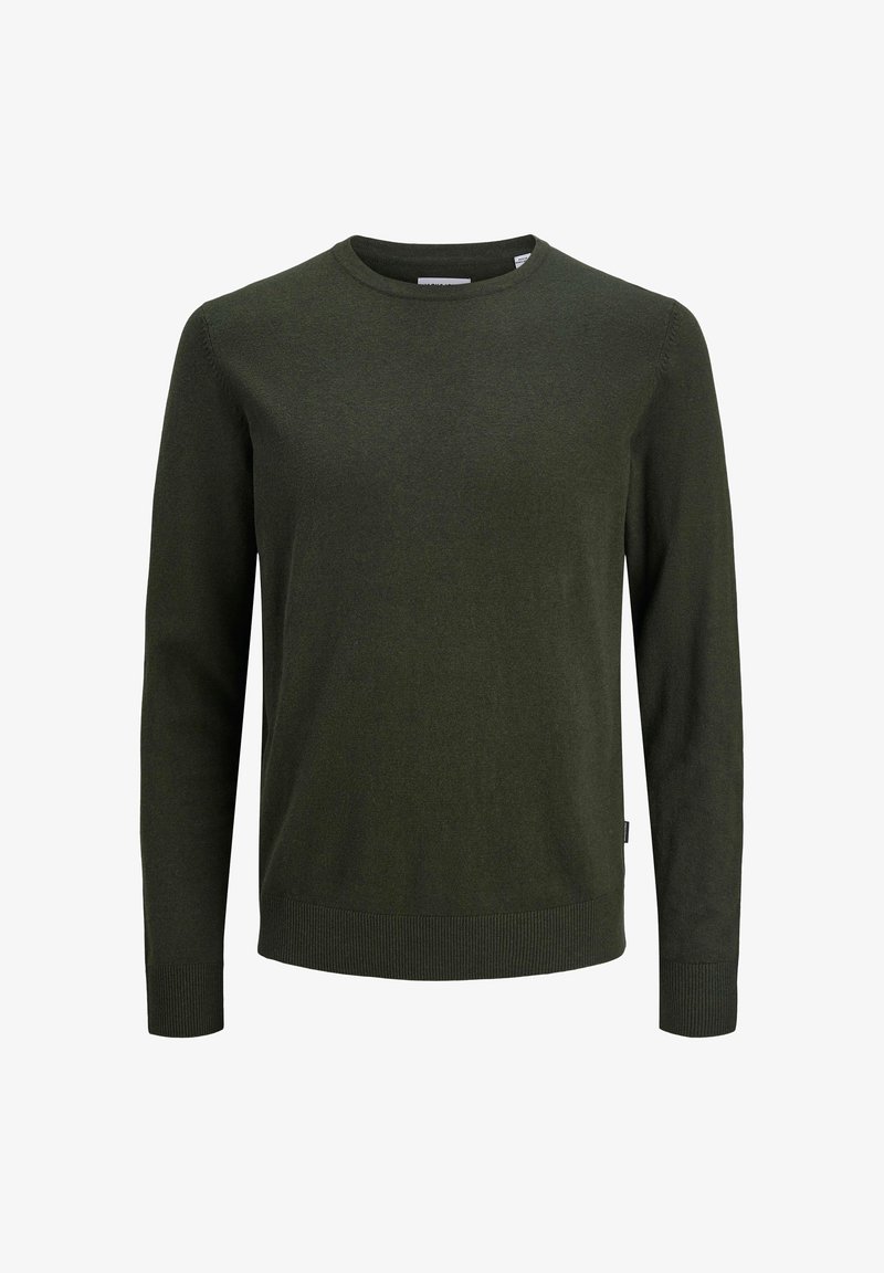 Pull en tricot vert foncé à manches longues avec col rond, poignets et ourlet côtelés, présenté sur fond blanc.