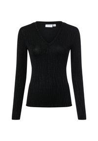 Schwarzes langärmeliges Oberteil mit V-Ausschnitt, das ein strukturiertes Muster und einen dezenten metallischen Glanz aufweist, entworfen in einer taillierten Silhouette.