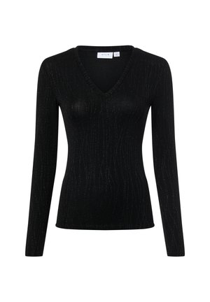 Black long-sleeve top with a V-neck, featuring a textured pattern and subtle metallic sheen, designed in a fitted silhouette.