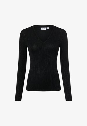 Schwarzes langärmeliges Oberteil mit V-Ausschnitt, das ein strukturiertes Muster und einen dezenten metallischen Glanz aufweist, entworfen in einer taillierten Silhouette.