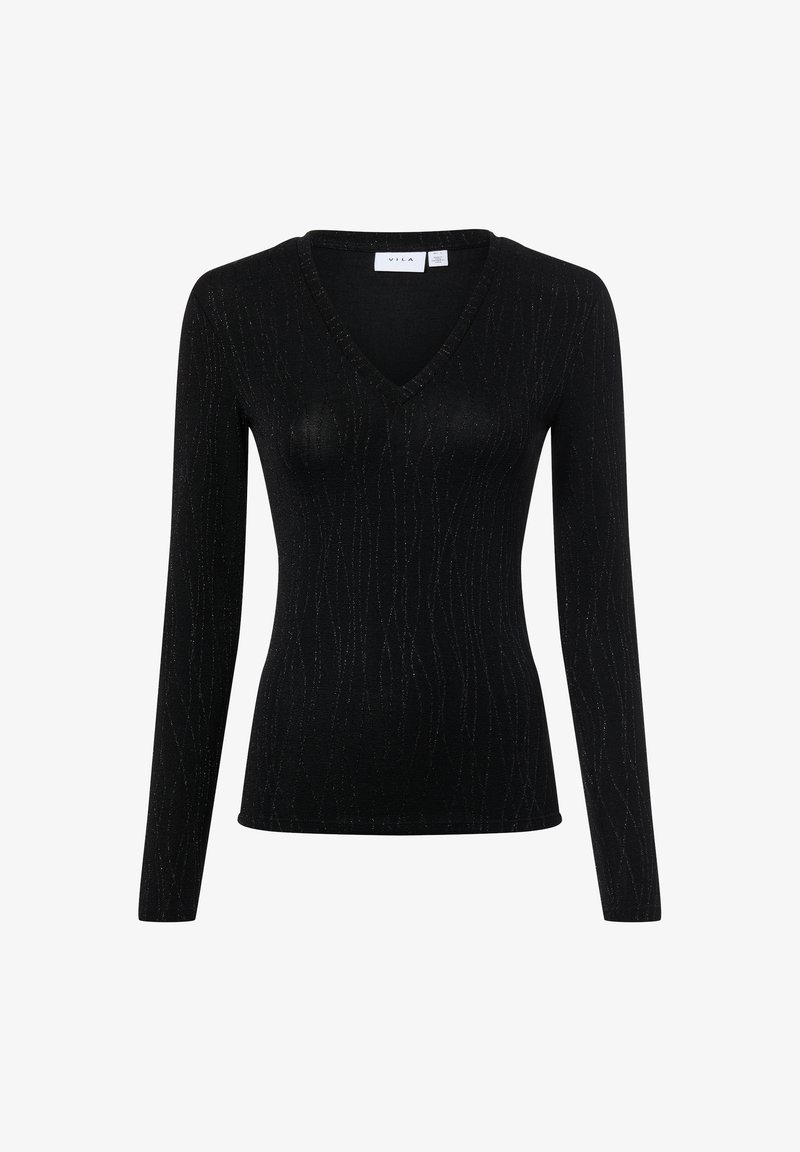 Schwarzes langärmeliges Oberteil mit V-Ausschnitt, das ein strukturiertes Muster und einen dezenten metallischen Glanz aufweist, entworfen in einer taillierten Silhouette.