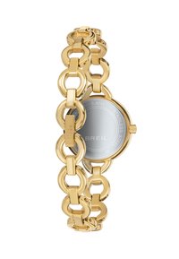 Guld rustfrit stål ur med en kædearmbånd, rund urskive og sølvfarvet bagside. Har karakteristiske kædelinks og er markeret for vandmodstand.