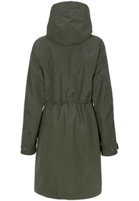 Dunkelgrüne wasserdichte Jacke mit einem Kordelzug in der Taille, verstellbarem Kapuzen und langen Ärmeln. Hat ein dezentes Logo auf dem Rücken.