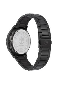 Black stainless steel watch with a textured bracelet, round case, and engraved back. Features include a logo and water-resistant markings.