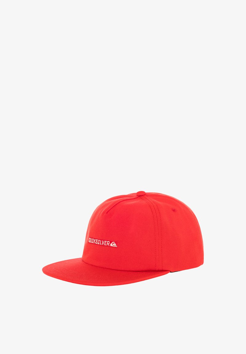 Rode pet van katoen met een gestructureerd ontwerp, voorzien van een vlakke klep en een wit "Quiksilver" logo aan de voorkant.