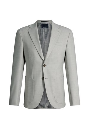 Lichtgrijze herenenblazer met inkeping revers, twee knopen, opgestikte zakken en een patroonvoering met merketiket.