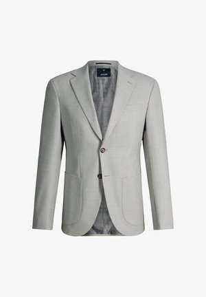 Light grey men's blazer with notch lapels, two buttons, patch pockets, and patterned inner lining with brand label.