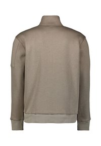 Beige sweatshirt met hoge kraag, geribbelde boorden en zoom, gladde textuur en minimalistisch ontwerp. Heeft een effen kleur zonder zichtbare patronen.