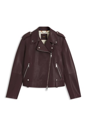Bourgognefarvet lædermotorcykeljakke med cropped design, sølvlynlåse, epauletter og en glat tekstureret finish. Foret indvendigt.