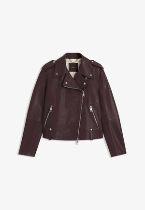 Bordeauxrode leren motorjas met een kort ontwerp, zilveren ritsen, epauletten en een gladde, gestructureerde afwerking. Gevoerd interieur.