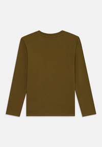 Plain olive green long-sleeve crewneck shirt shown from the back on a white background.