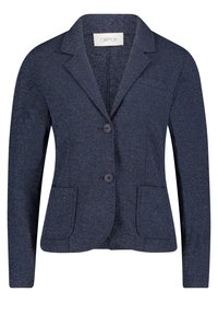 Blazer azul marino hecho de tela texturizada, con solapa con muesca, dos bolsillos frontales y dos botones en el frente. Diseño de corte clásico.