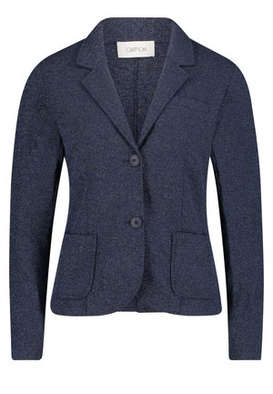 Granatowa marynarka wykonana z teksturowanej tkaniny, z wykładanym kołnierzem, dwoma przednimi kieszeniami i dwoma guzikami z przodu. Klasyczny fason.