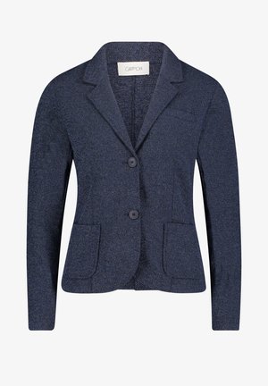 Blazer bleu marine en tissu texturé, avec un col cranté, deux poches avant et deux boutons à l'avant. Design coupe classique.