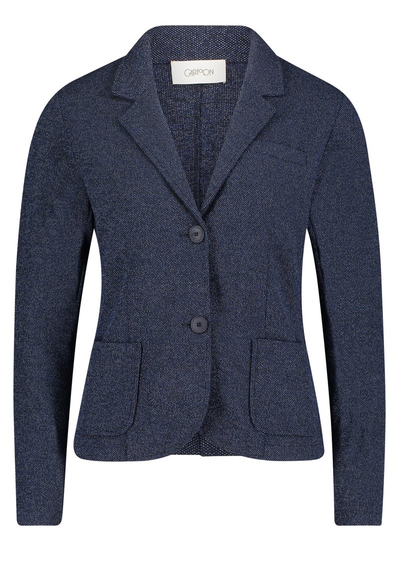 Blazer azul marino hecho de tela texturizada, con solapa con muesca, dos bolsillos frontales y dos botones en el frente. Diseño de corte clásico.