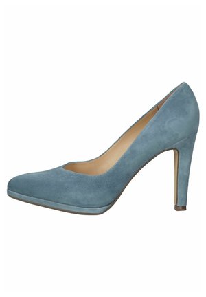 Blue suede high-heeled pump with pointed toe and slender heel against a white background.