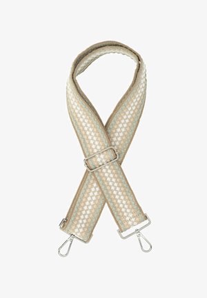 Cinghia intrecciata in crema e blu chiaro con motivo a rombi. Clip in metallo argentato a ciascun estremo. Texture morbida e design piatto.