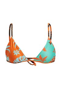 Driekhoek-bikini top met oranje en turquoise kleuren en bloempatronen, verstelbare banden en een striksluiting aan de achterkant.