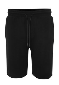 Zwarte casual shorts met elastische tailleband en trekkoord, knielang, gemaakt van gestructureerde stof.