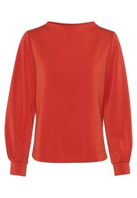 Czerwony top z długim rękawem, okrągłym dekoltem i marszczonymi mankietami. Gładka tekstura, lekko luźny krój i minimalne detale w szwach.