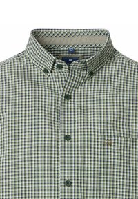 Groen geruit overhemd met knopen, featuring een spread collar, borstzak en donkergroene knopen, gemaakt van geweven stof met een gladde textuur.