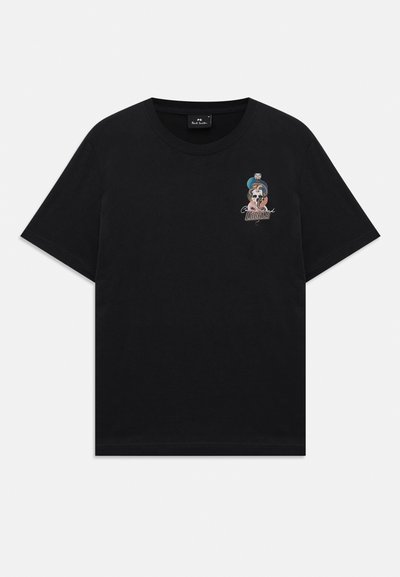 Black short-sleeve T-shirt with round neckline, featuring a small colorful cobra snake and skull graphic on the left chest.