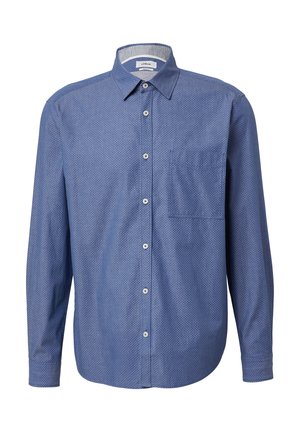 Modrá košile s dlouhým rukávem a drobným bílým puntíkovaným vzorem, zapínání na knoflíky, špičatý límec a jedna náprsní kapsa. Tkanina z bavlněné směsi.