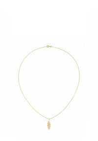 Zelta tonēts kaklarota ar plānu ķēdi un spalvas formas piekari, kas ir ar detalizētām griezumiem un astes skavas aizdari.