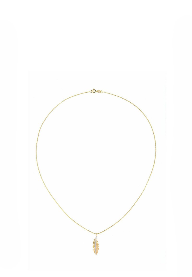 Zelta tonēts kaklarota ar plānu ķēdi un spalvas formas piekari, kas ir ar detalizētām griezumiem un astes skavas aizdari.