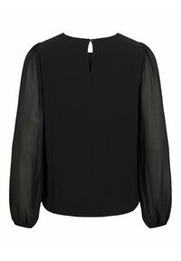Blusa nera con maniche trasparenti a palloncino, chiusura a fessura sul retro e scollatura arrotondata. Tessuto morbido, design semplice senza motivi.