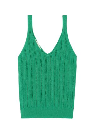Haut sans manches en tricot vert avec motif ajouré vertical et encolure en V, présenté à plat sur fond blanc.