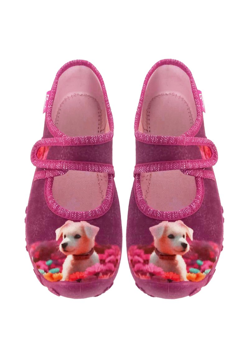 Rosa Stoff-Mary Jane-Schuhe mit zwei glitzernden Riemen und einem Welpenmotiv im Zehenbereich, mit einer weichen, strukturierten Oberfläche.