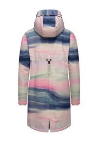 Giacca bicolore con cappuccio e un motivo astratto ad acquerello in rosa, blu e verde. Vita aderente con coulisse regolabile.