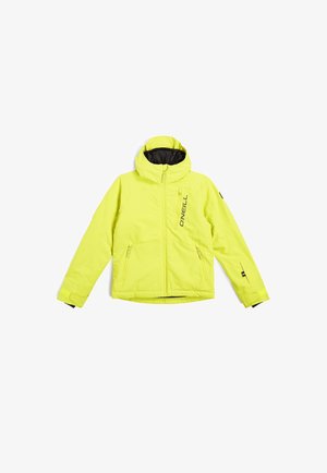 Jasnożółta ocieplana kurtka z kapturem, wyposażona w zamykane na zamek kieszenie, czarne wykończenie oraz wyraźne oznakowanie z przodu.